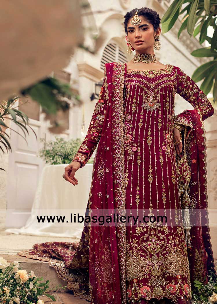 Deep Garnet Bridal Dress with rich hand embroidery